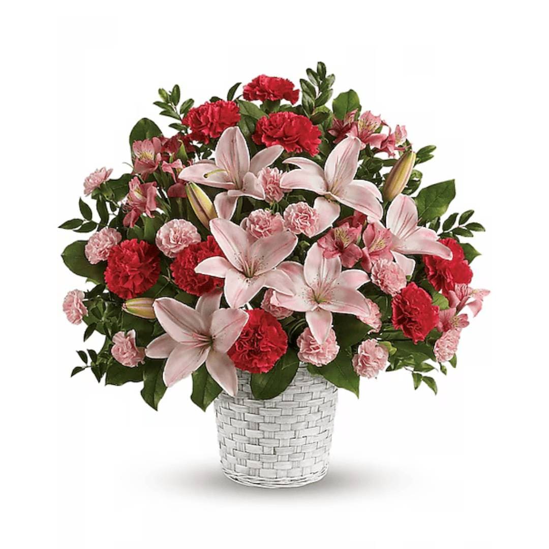 Basket Arrangement (Red, Pink & Green)