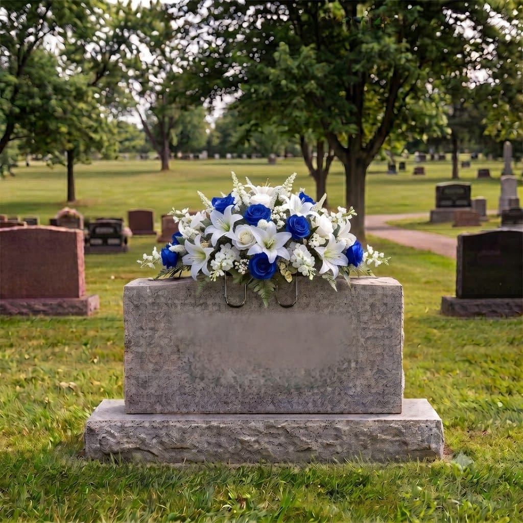 Headstone Saddle: Lilies & Roses (Blue & White)