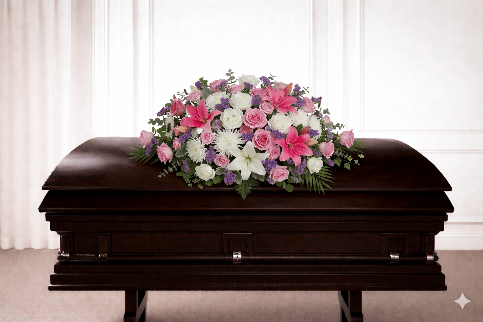 Casket Spray: Lilies, Roses & Chrysanthemums (White. Pink, Purple)