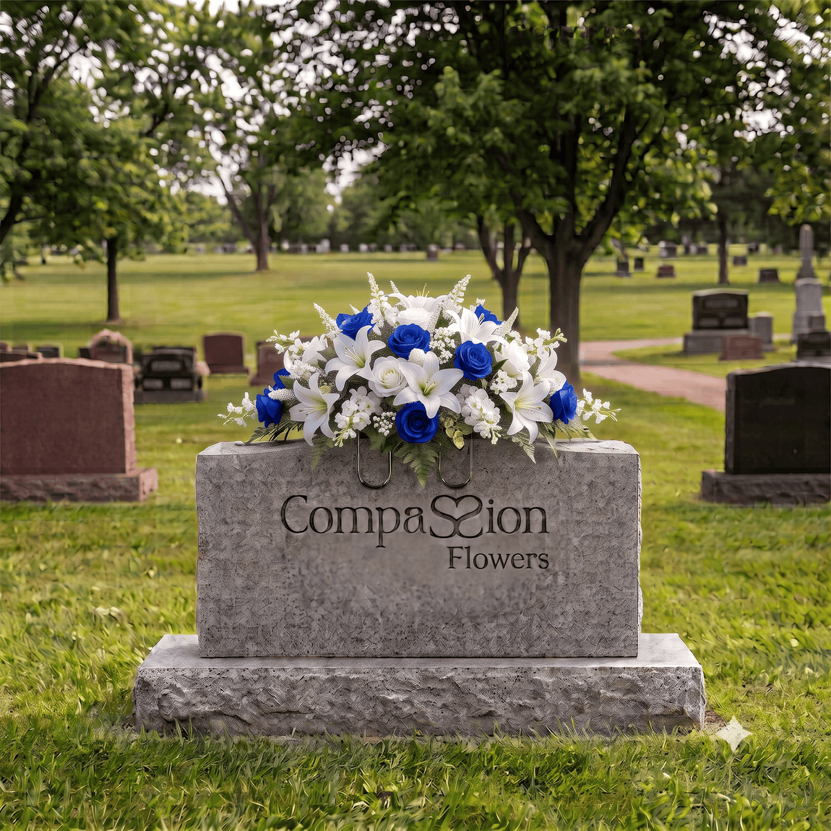Tombstone Saddle: Lilies & Roses (Blue & White)