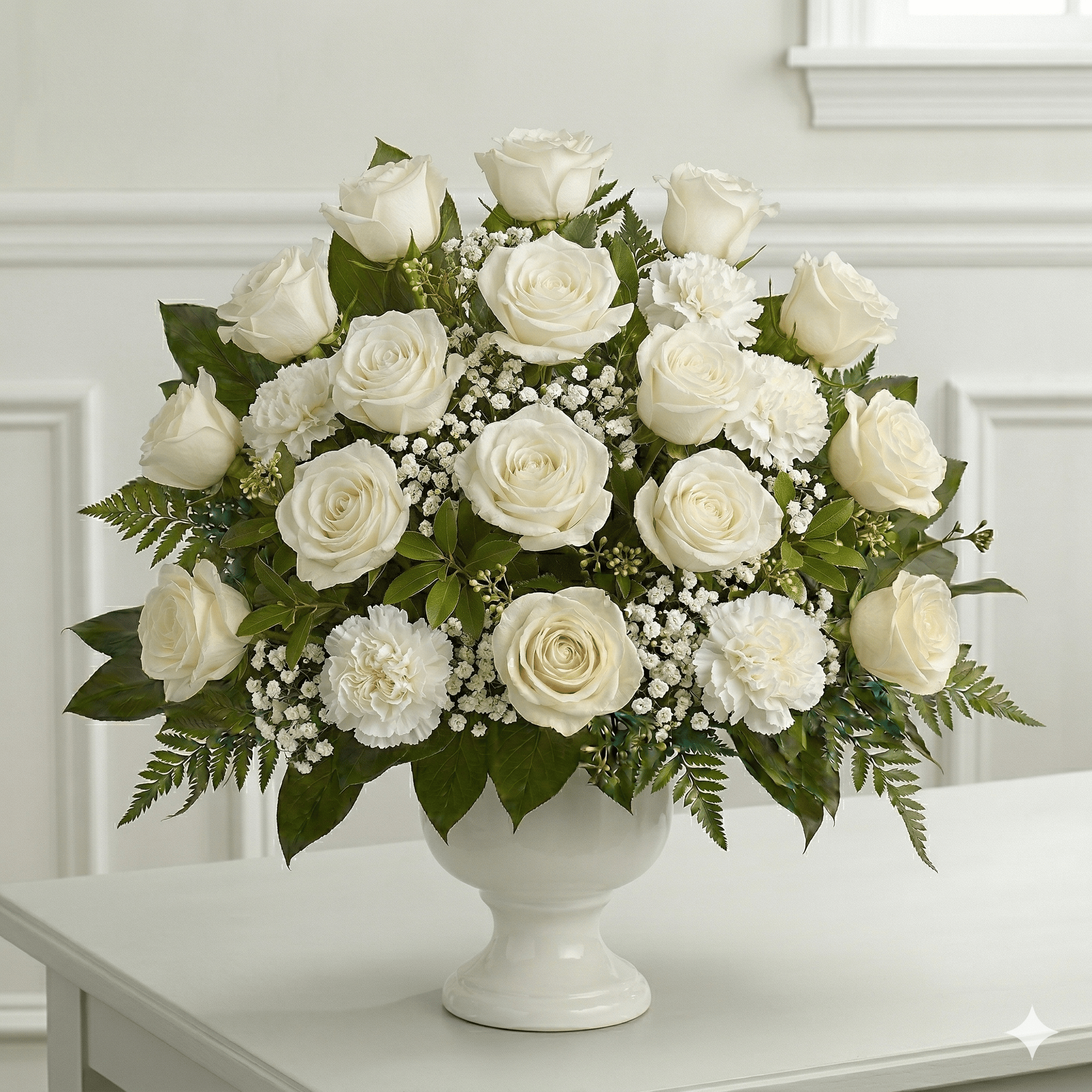 Urn Arrangement (White Roses, Carnations & Baby Breath)