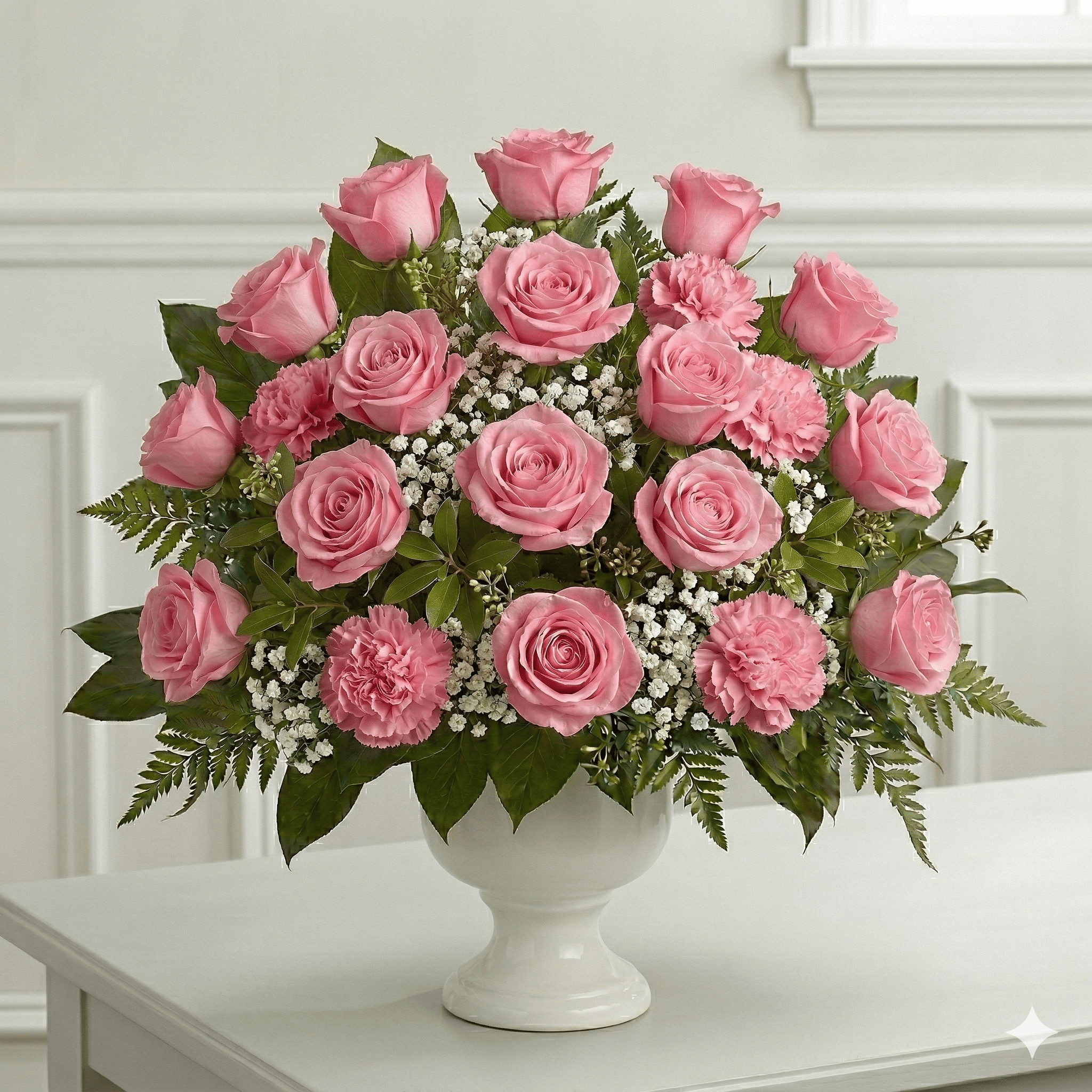 Urn Arrangement (Pink Roses, Carnations & Baby Breath)