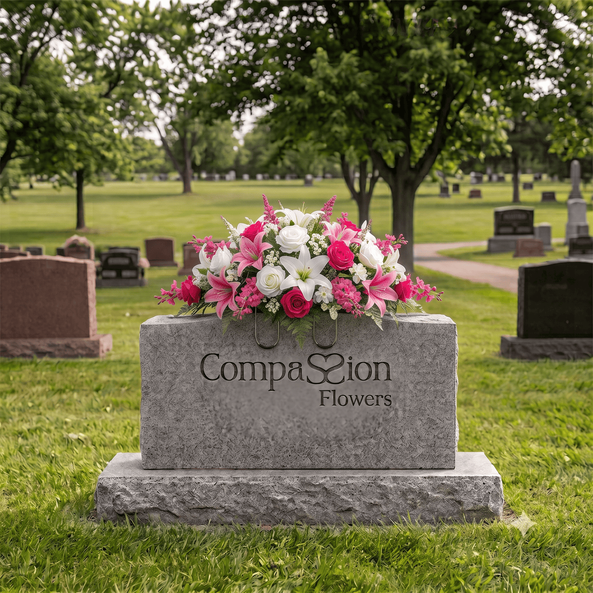 Tombstone Saddle: Lilies & Roses (Hot Pink & White)