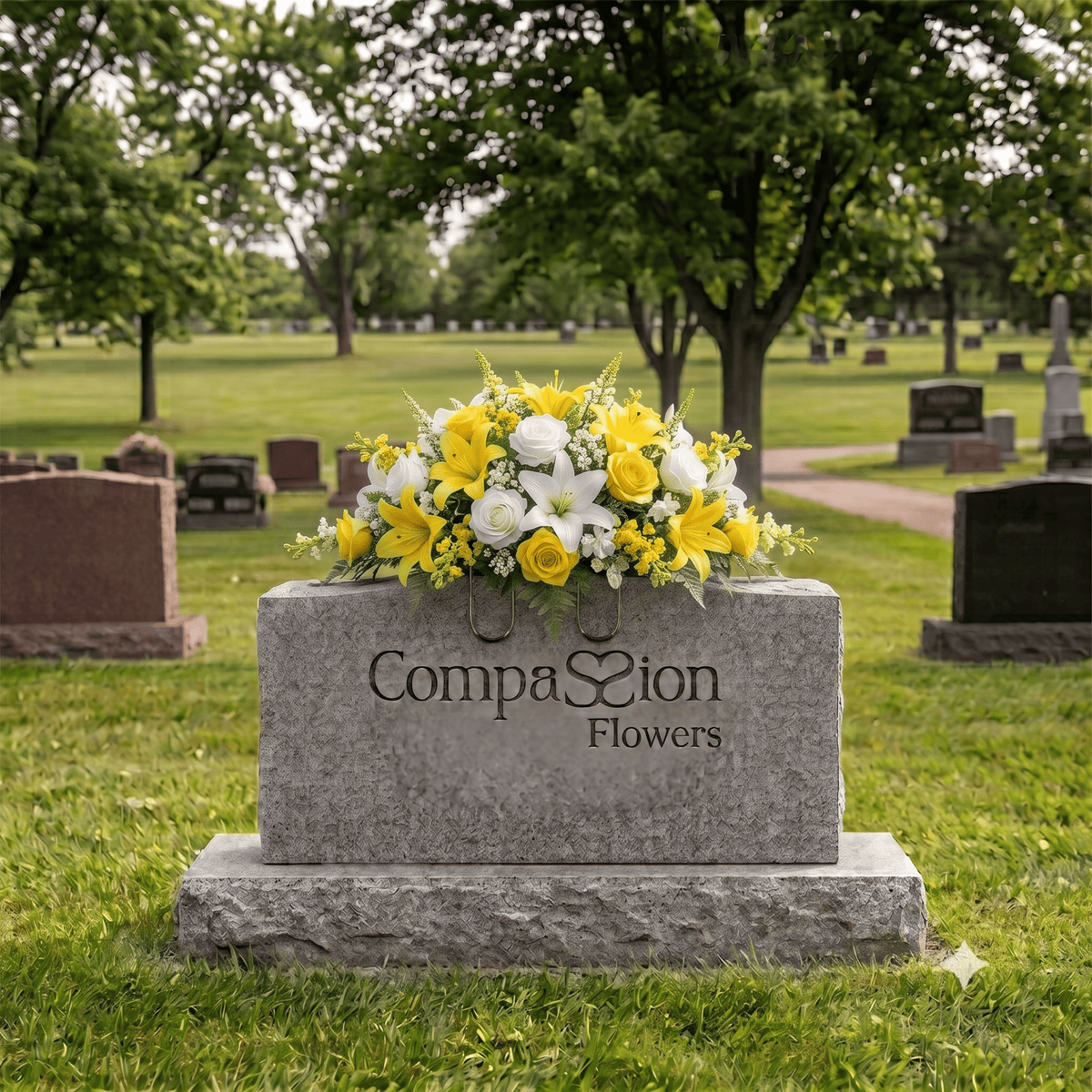 Tombstone Saddle: Lilies & Roses (Yellow & White)
