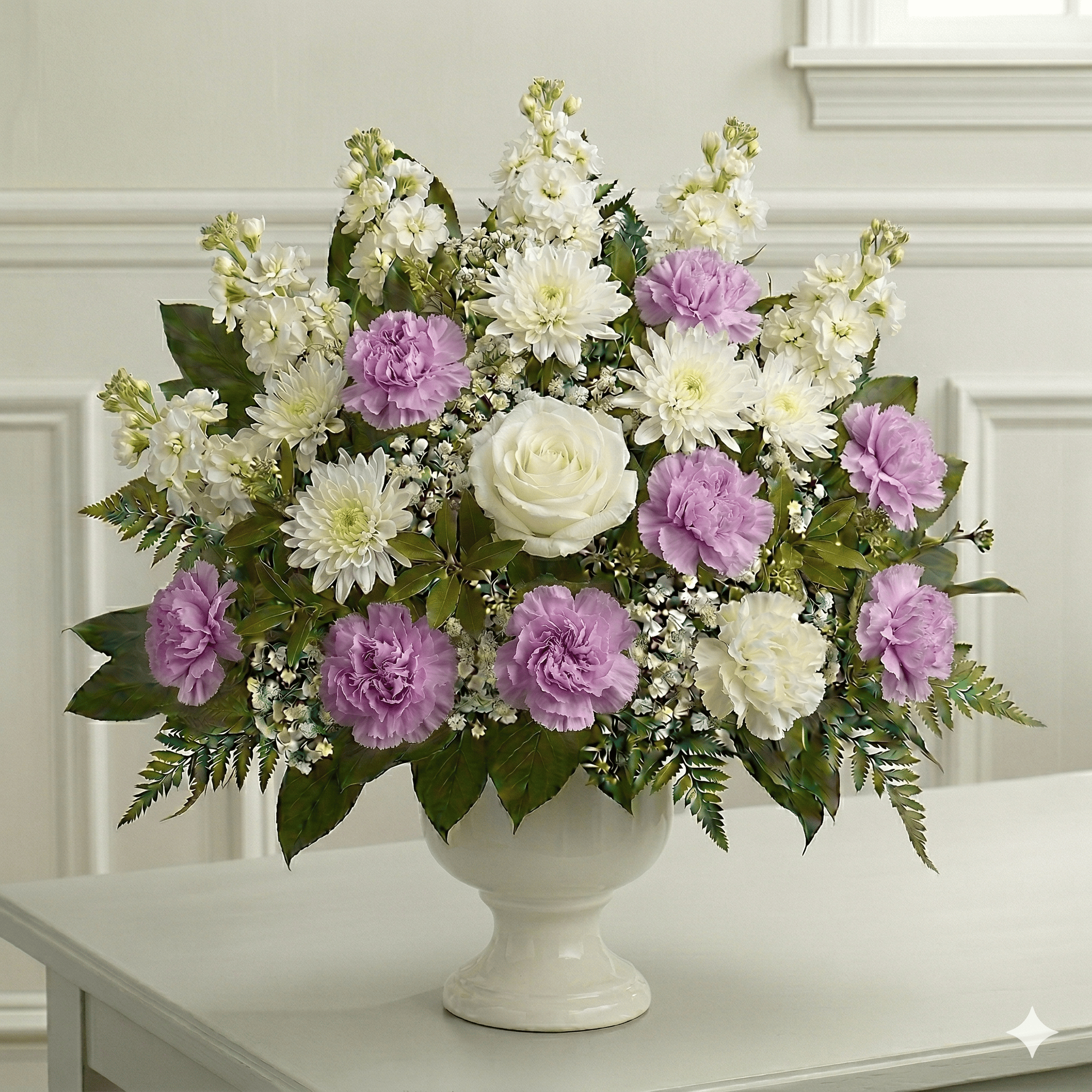 Urn Arrangement (Lavender Carnations & Mums)