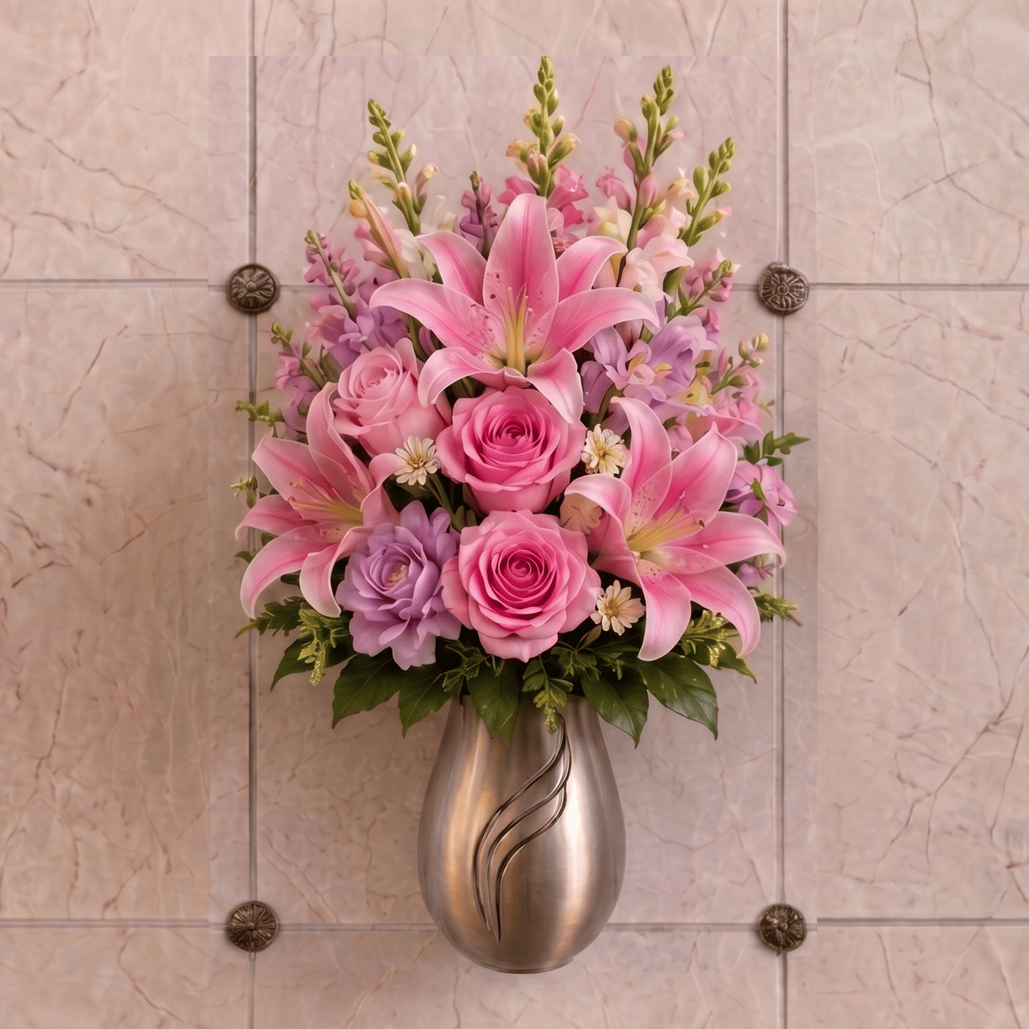 Artificial Mausoleum: Roses, Lilies & Snapdragons (Pink & Lavender)