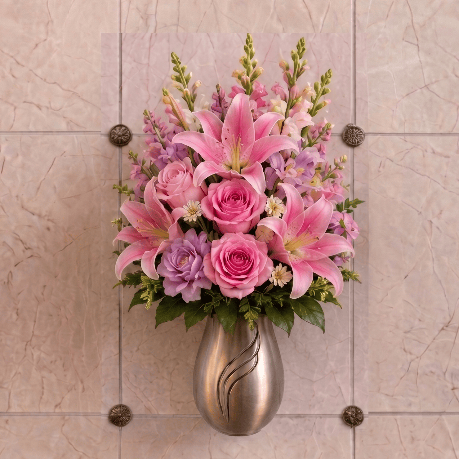 Artificial Mausoleum: Roses, Lilies & Snapdragons (Pink & Peach)