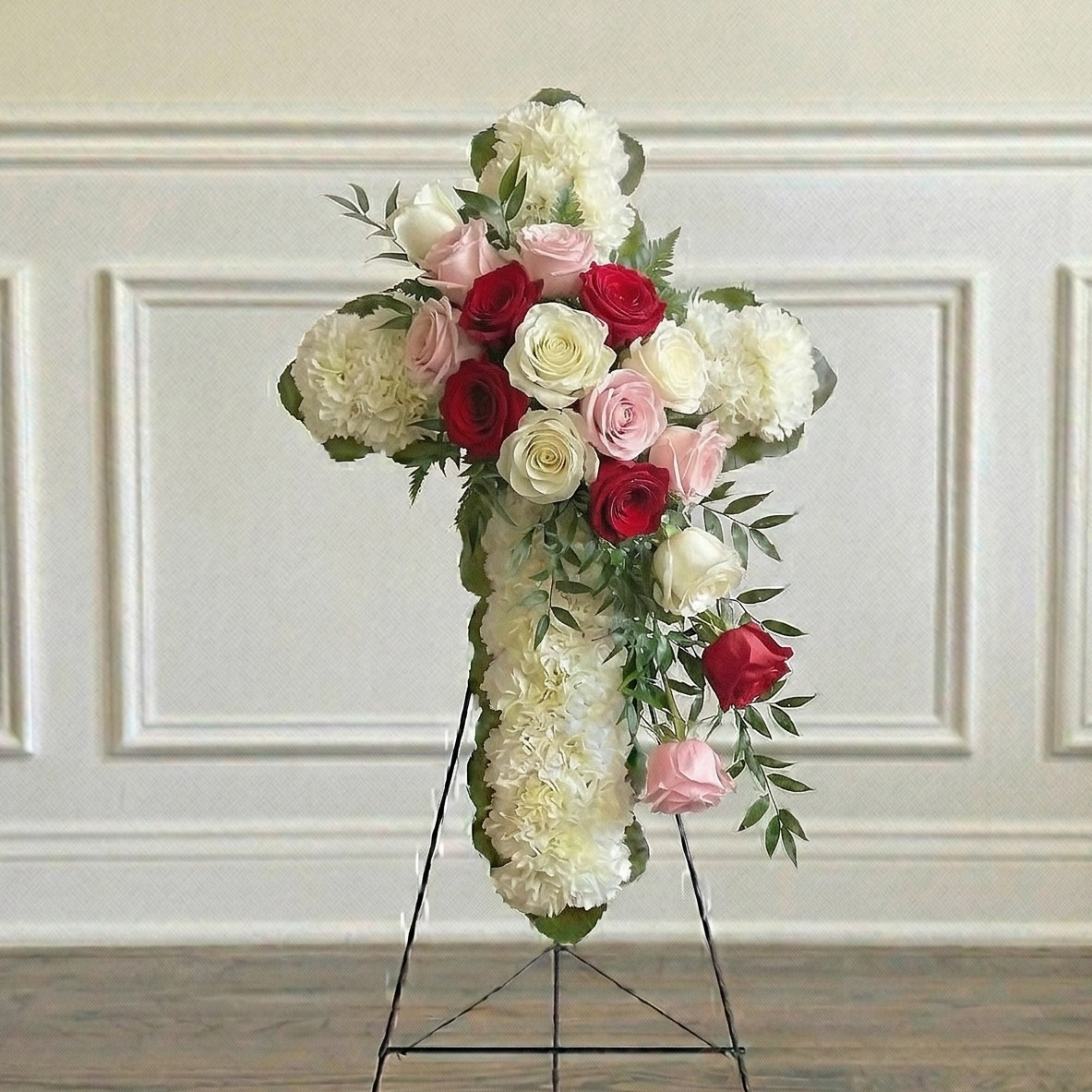 Classic Cross (White Carnations & White, Red & Pink Roses)