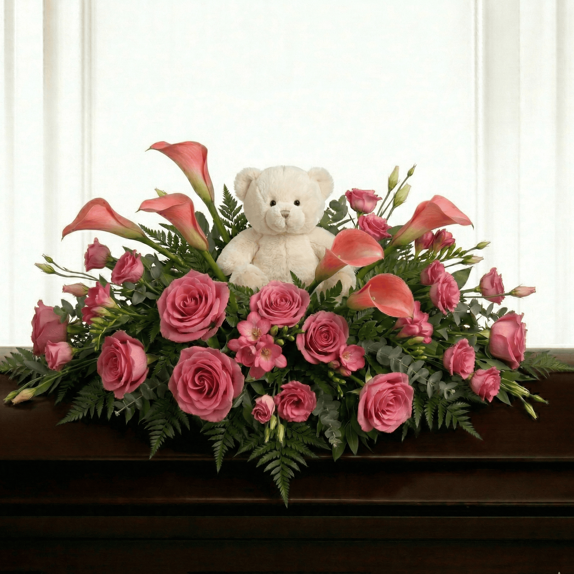 Children's Casket Spray: Roses, Calla Lilly, Lisianthus (Pink)