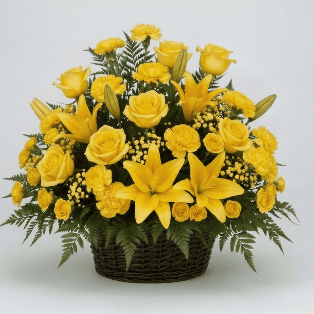 Bouquet of yellow flowers in a basket on a light gray background
