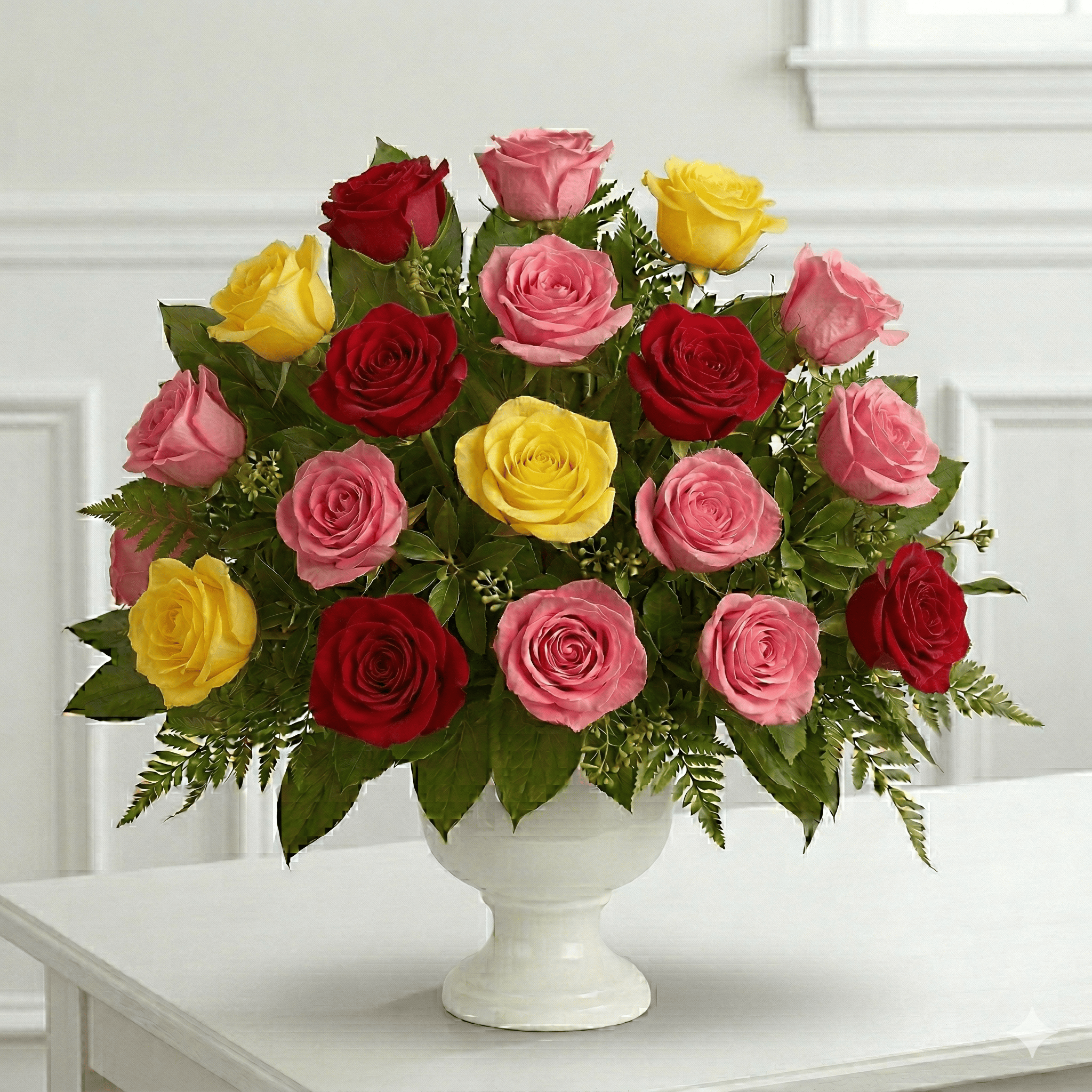Urn Arrangement (Red, Pink, White & Yellow Roses)