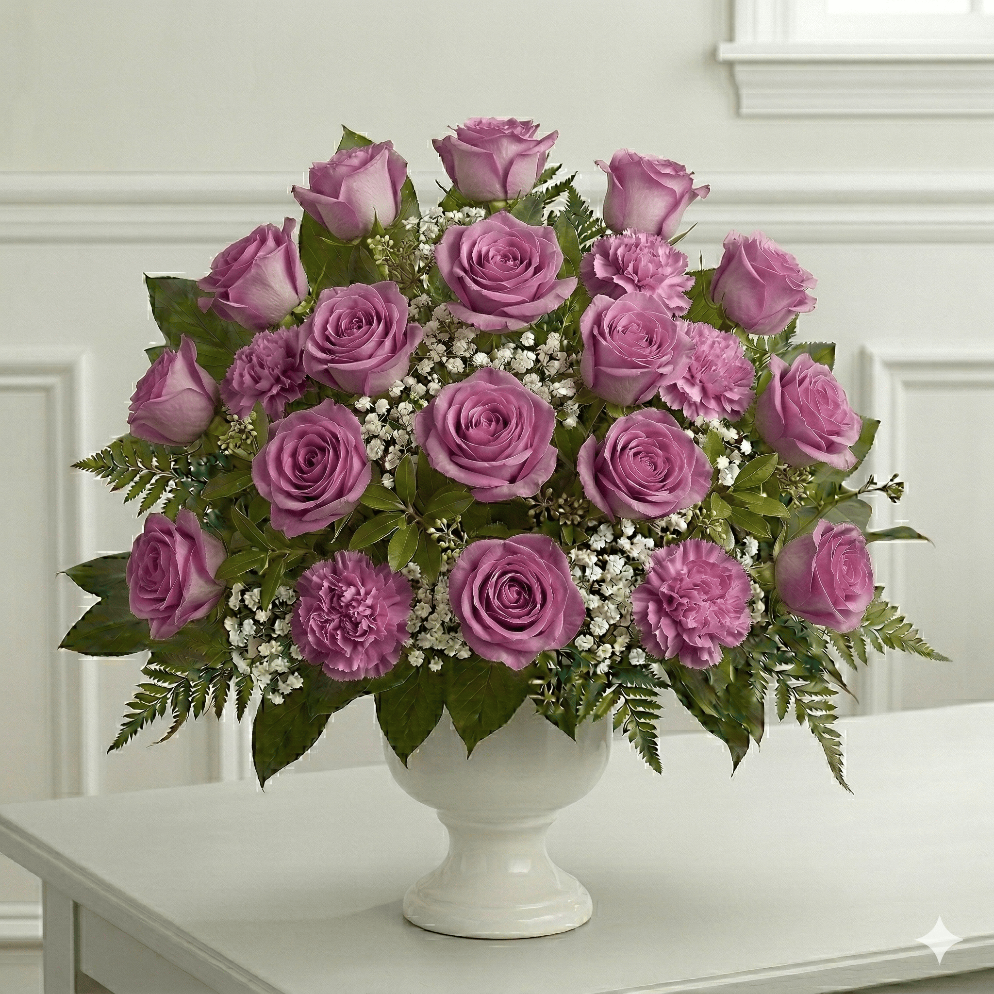 Urn Arrangement (Lavender Roses, Carnations & Baby Breath)