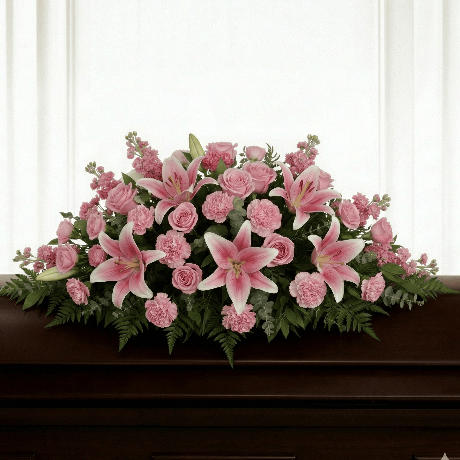 Casket Spray: Roses, Carnations & Lilies (Pink & Green)