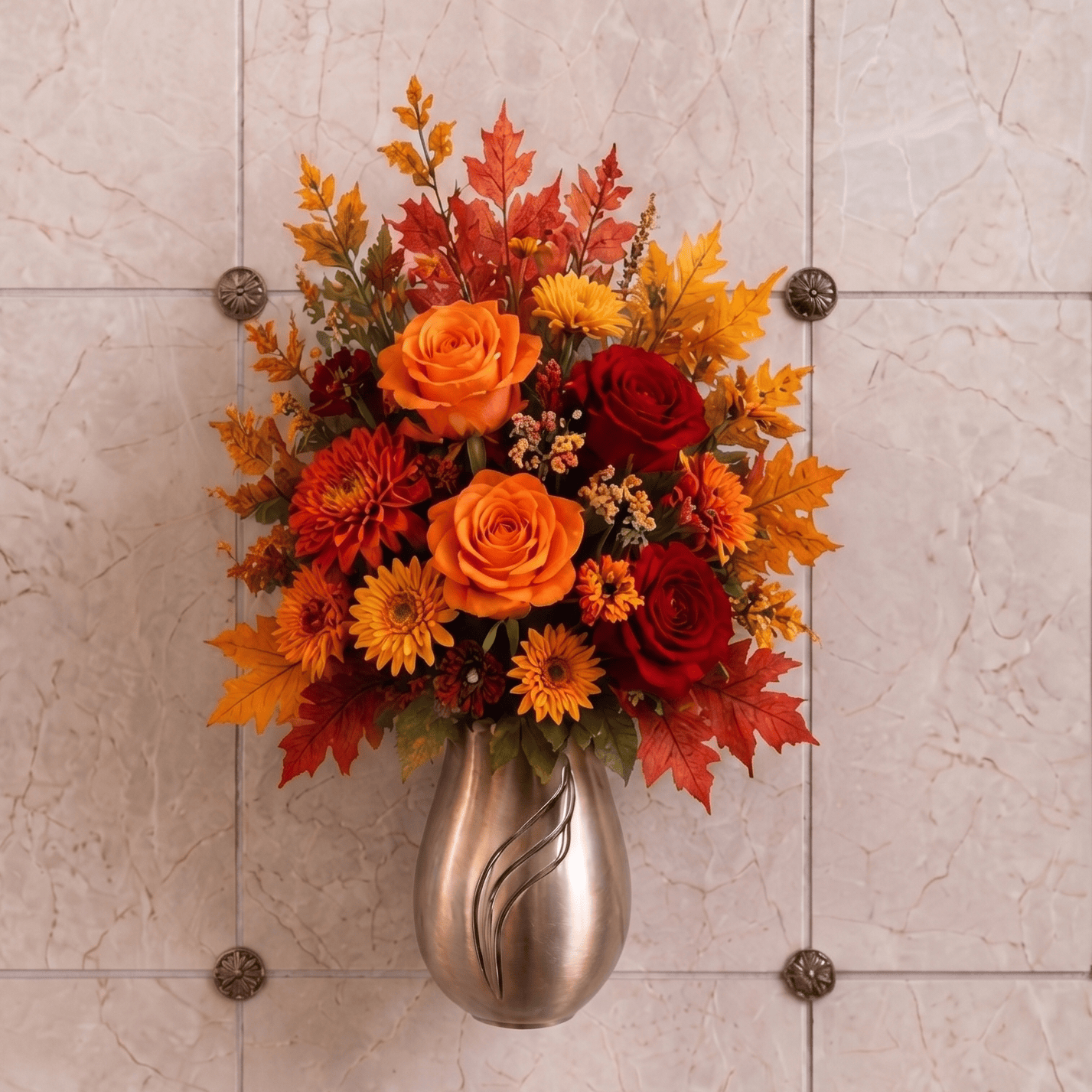 Artificial Mausoleum: Roses & Chrysanthemums (Red & Orange)