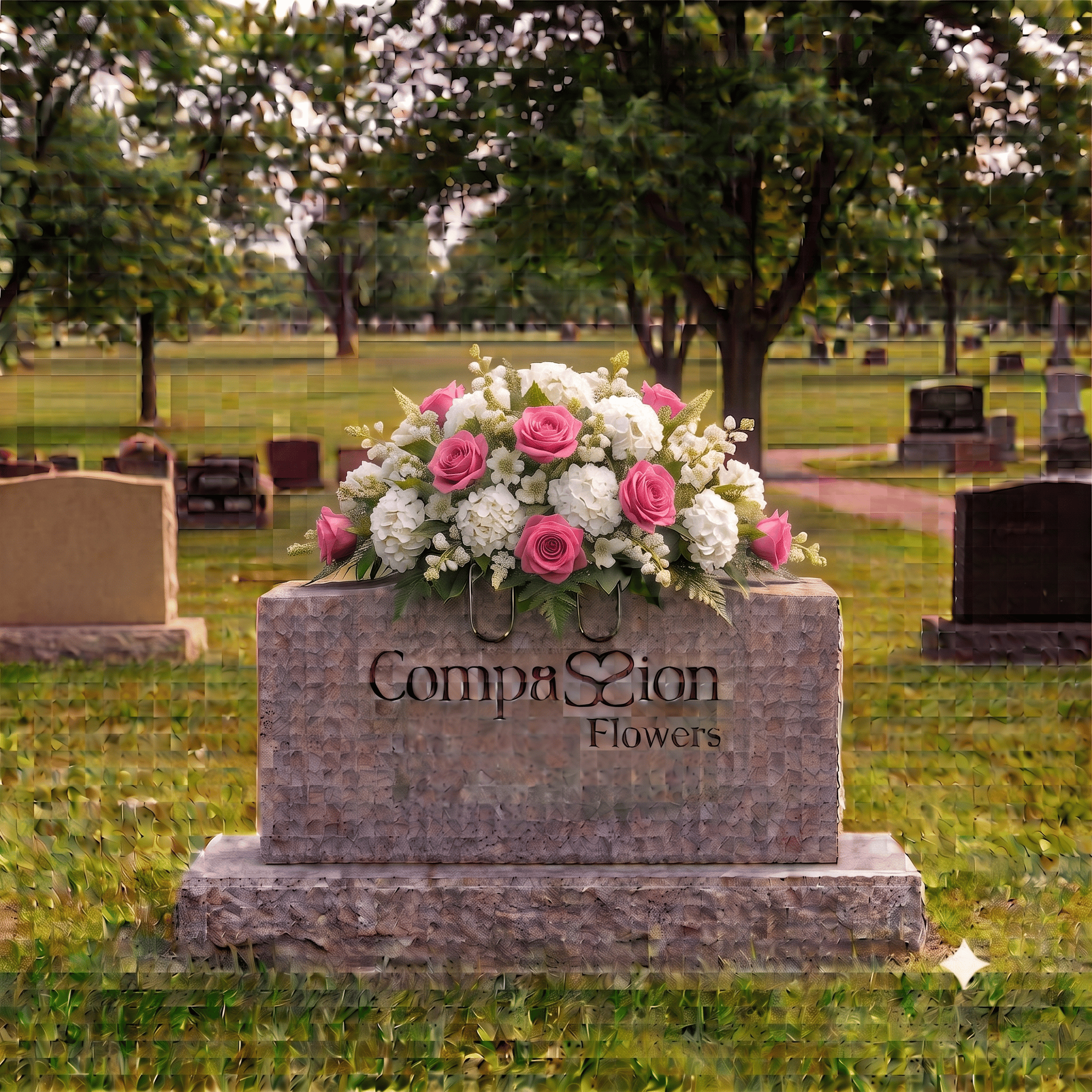 Tombstone Saddle: Hydrangeas & Roses (Pink & White)