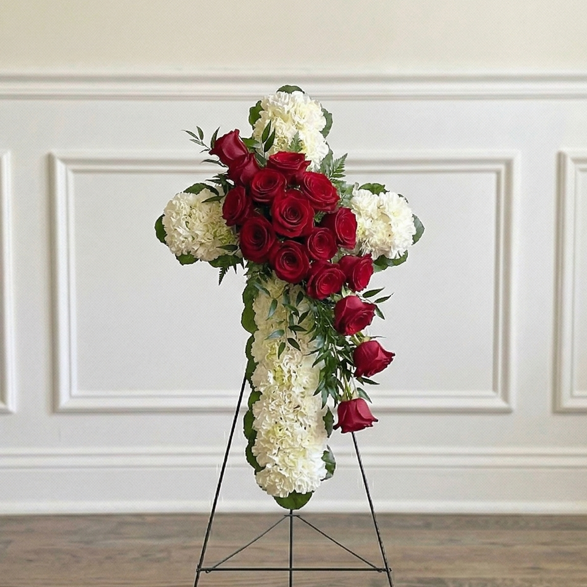 Classic Cross (White Carnations & Red Roses)