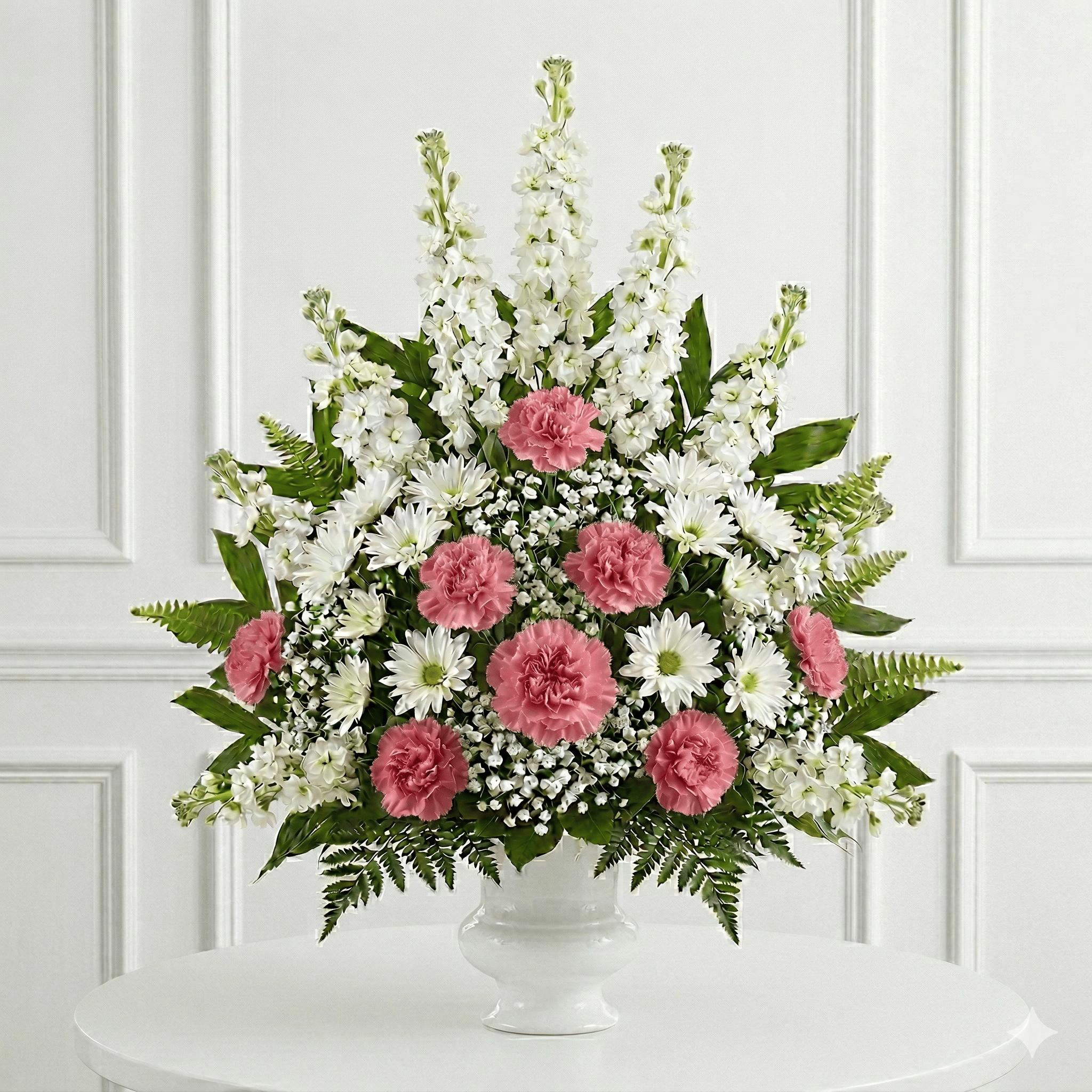 Arrangement (Pink & White Canations, Mums & Baby Breath)