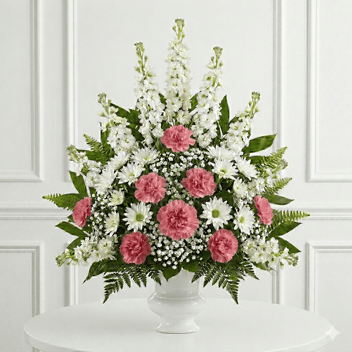 Arrangement: Carnations, Mums & Baby Breath (Pink & White)