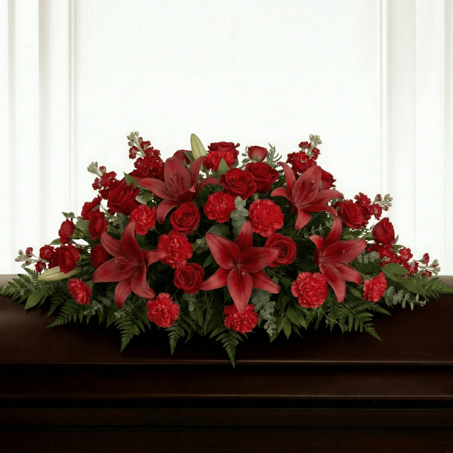Casket Spray: Roses, Carnations, Stock & Lilies (Red)