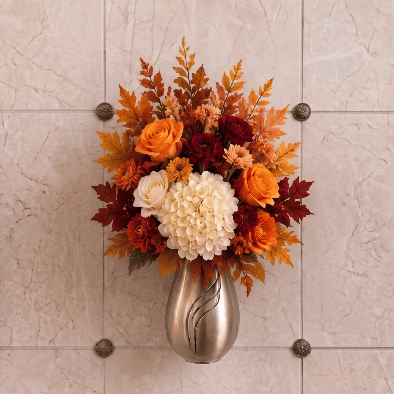 Artificial Mausoleum: Roses, Dahlias & Chrysanthemums (Orange, White & Burgundy)