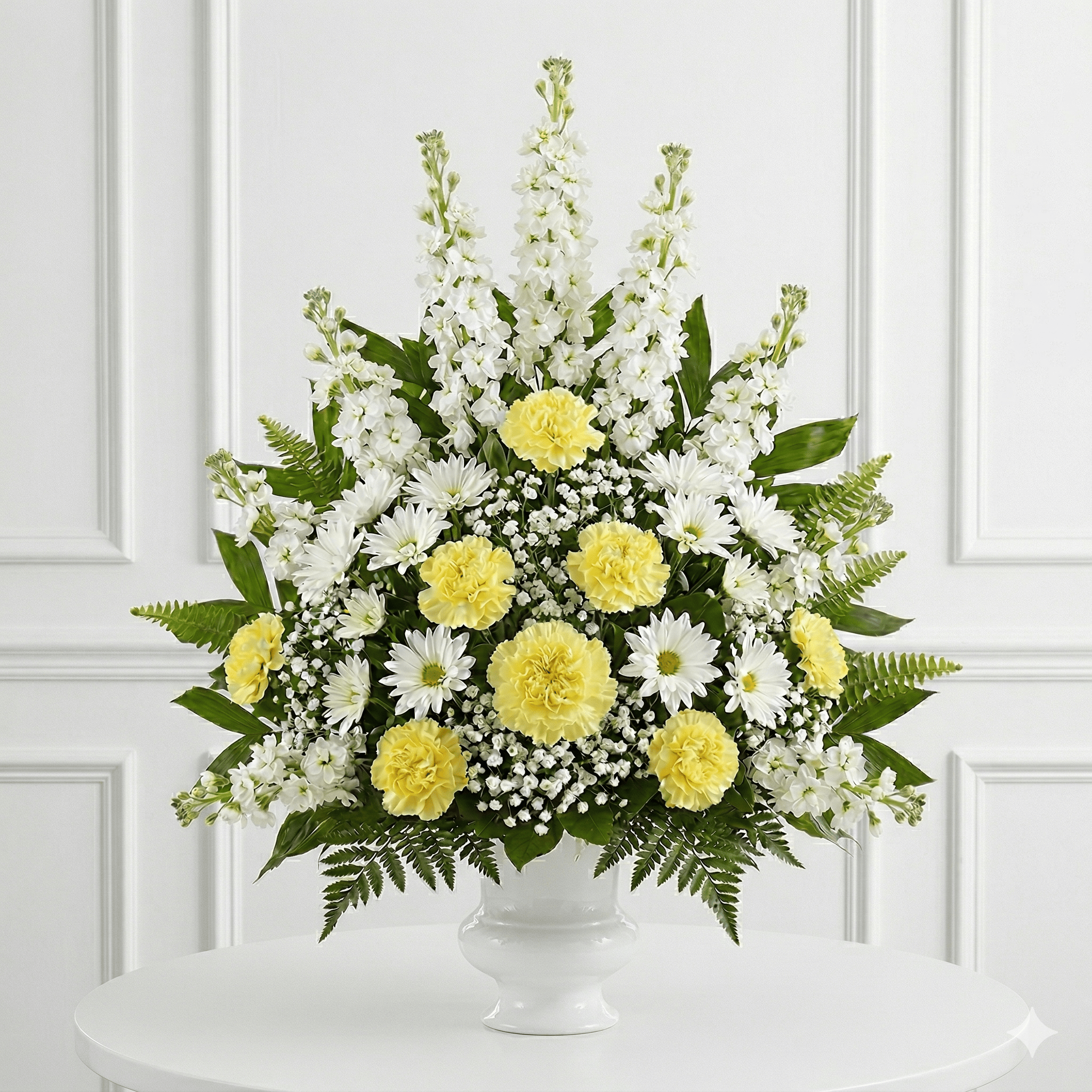 Arrangement (Yellow & White Canations, Mums & Baby Breath)