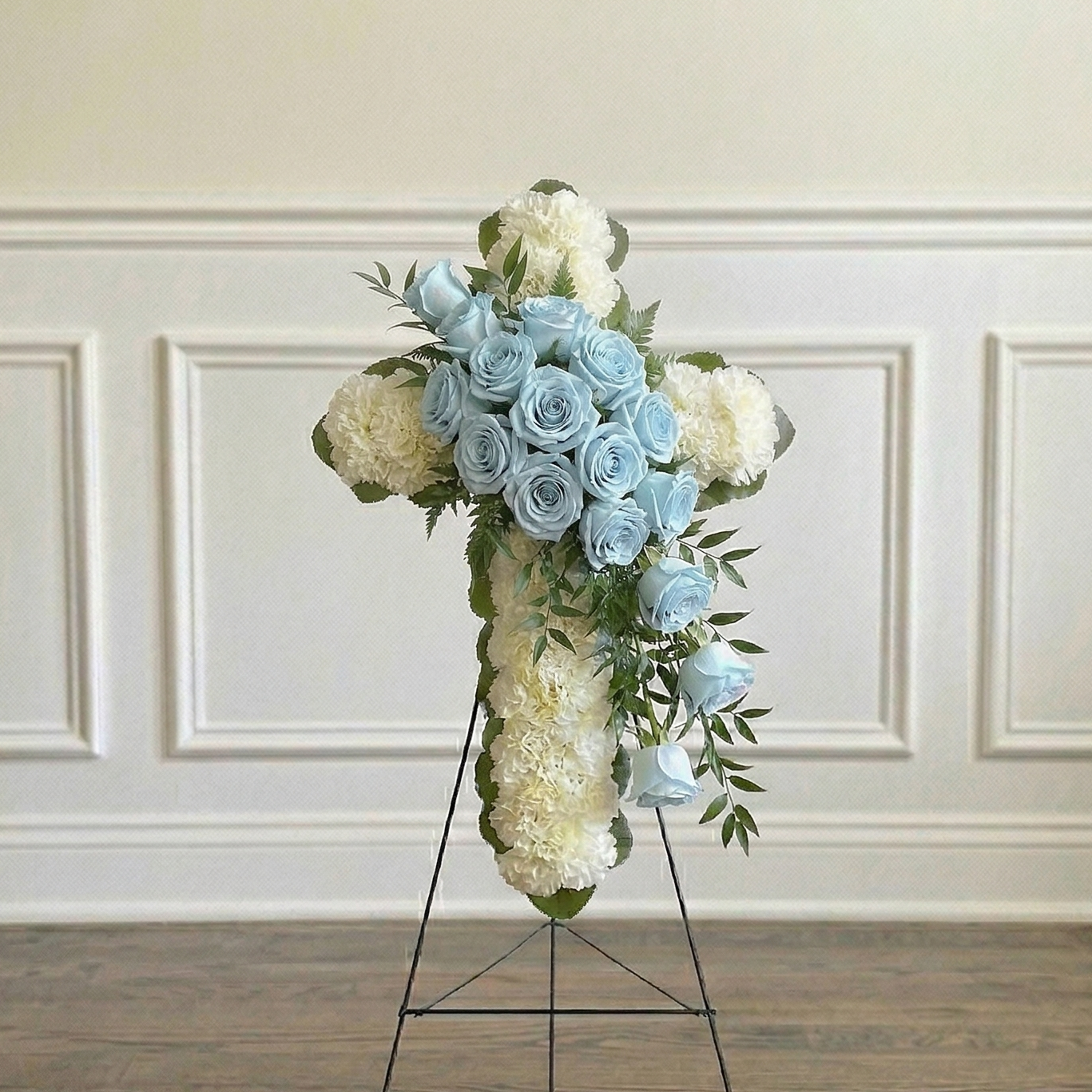 Classic Cross (White Carnations & Blue Roses)