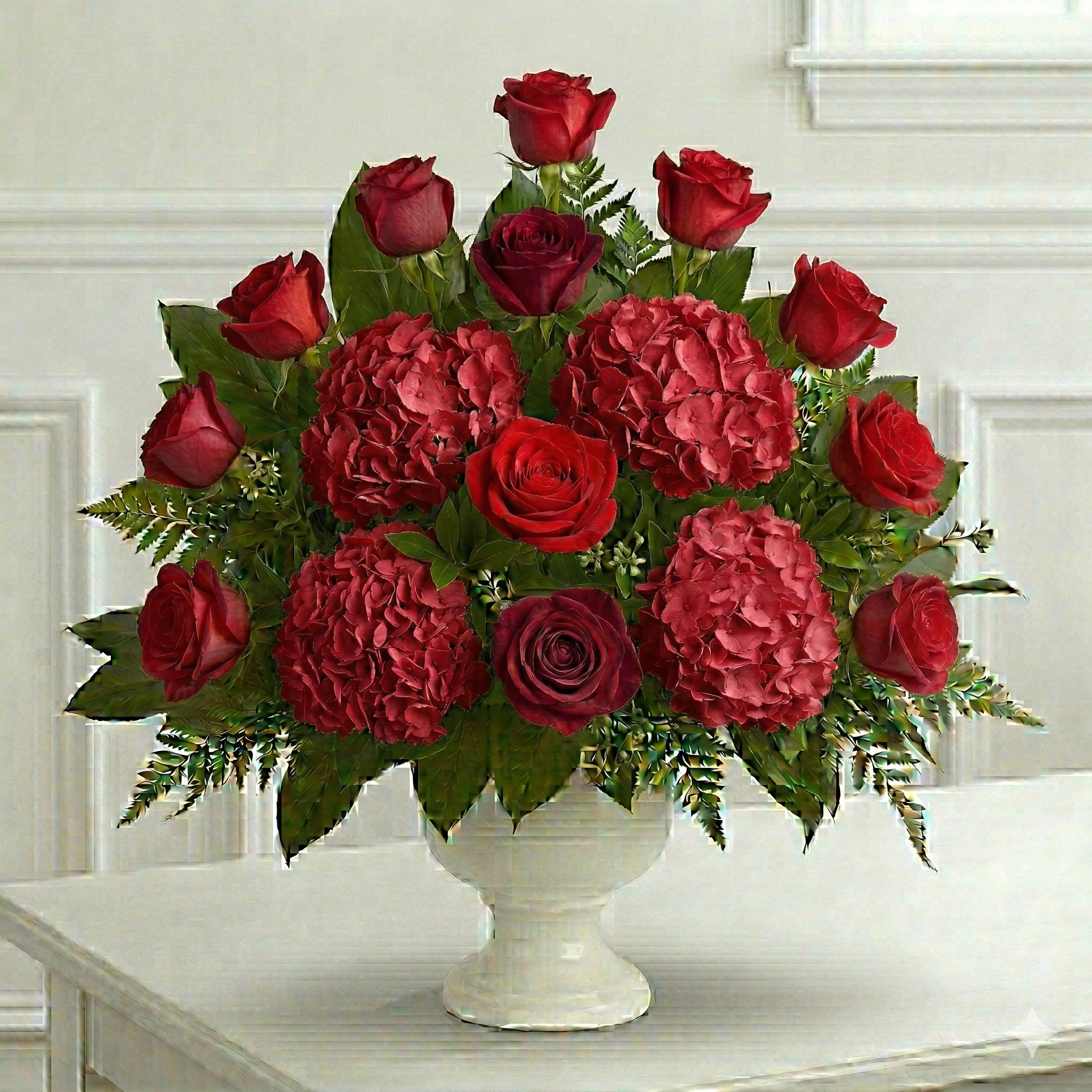 Urn Arrangement (Red Roses & Hydrangeas)