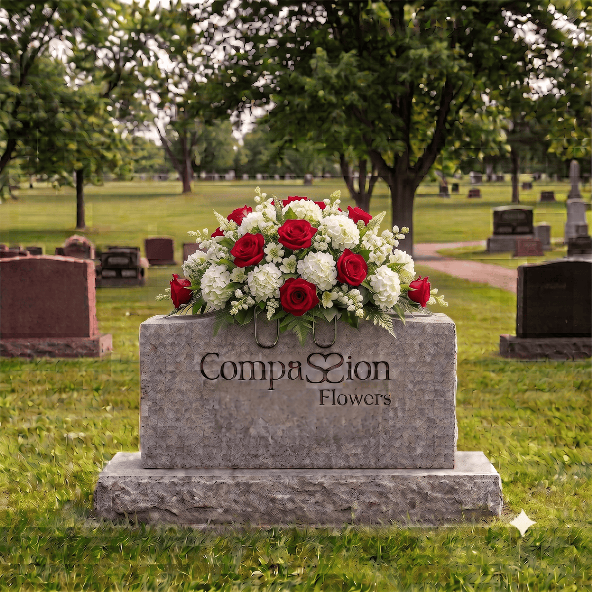 Tombstone Saddle: Roses & Hydrangeas (Red & White)