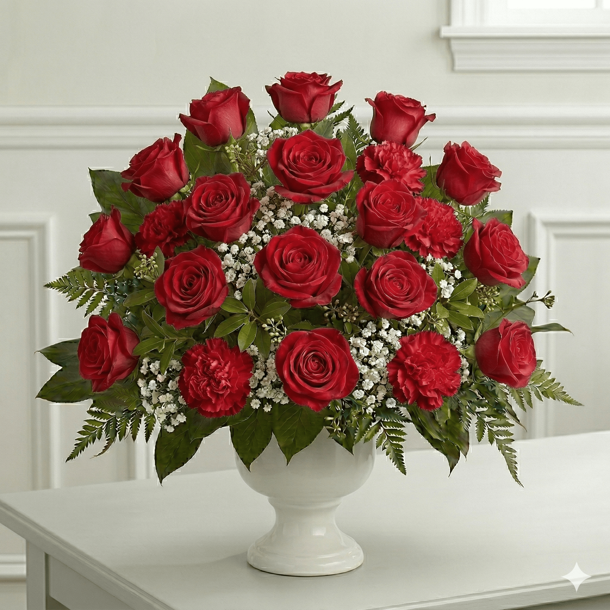Urn Arrangement (Red Roses, Carnations & Baby Breath)