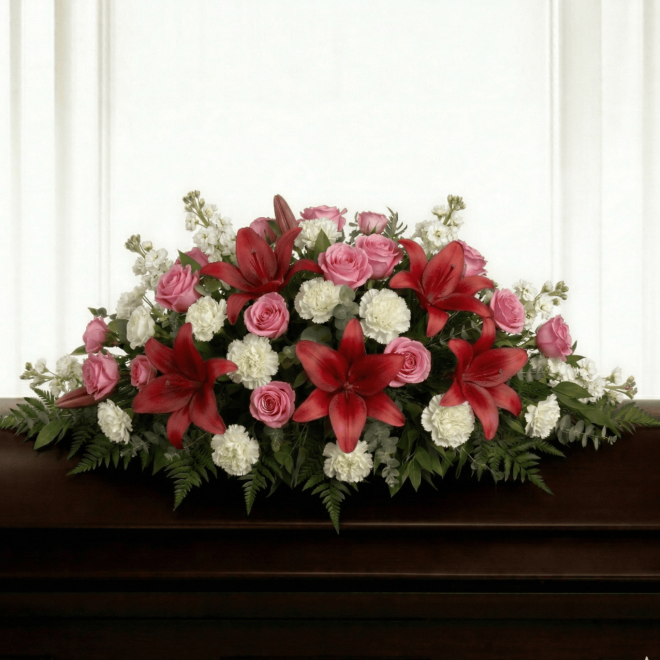 Casket Spray: Roses, Carnations, Stock & Lilies (Red, White, Pink)