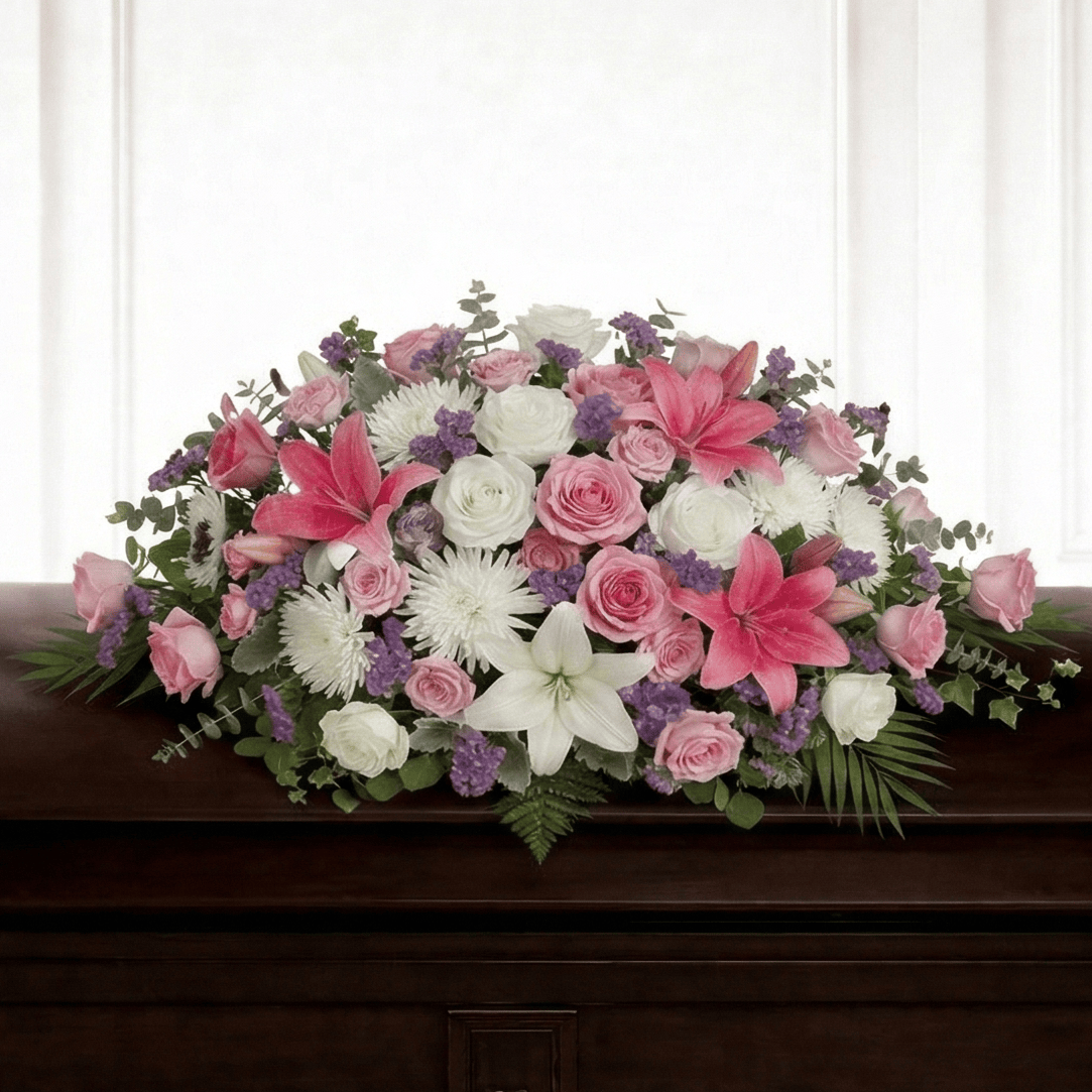 Casket Spray: Lilies, Roses & Chrysanthemums (White. Pink, Purple)