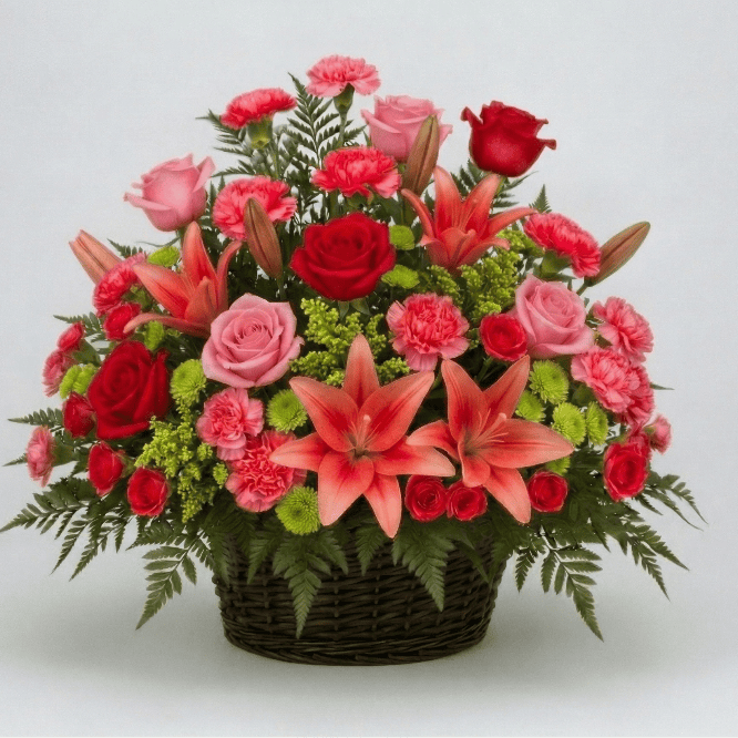 Basket Arrangement (Red, Pink & Green)