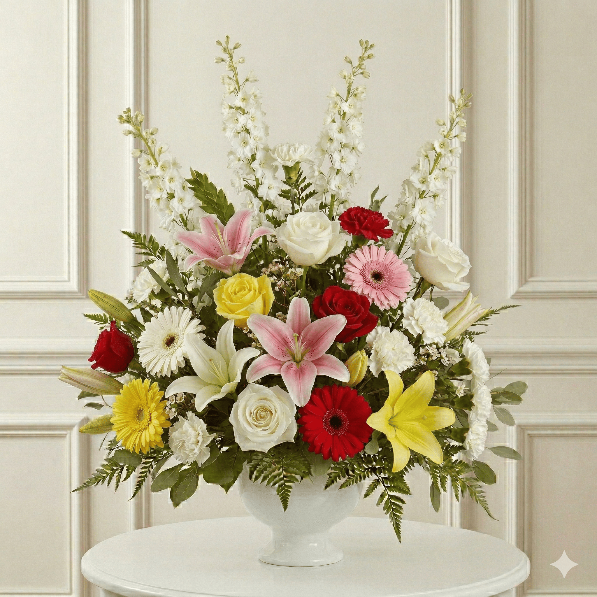 Urn Arrangement: Roses, Carnations, Gerbers, Lilies (Mixed)