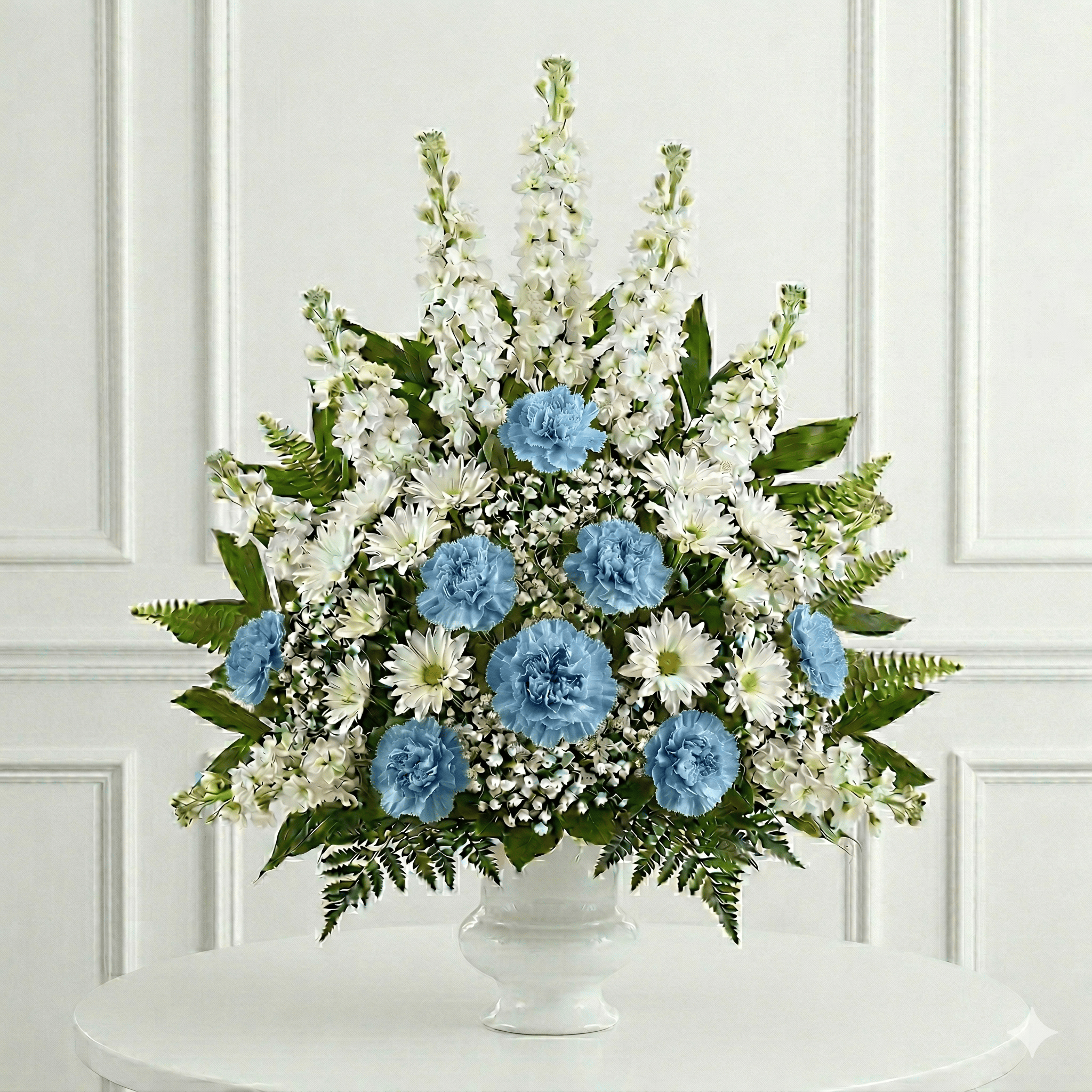 Arrangement (Blue & White Canations, Mums & Baby Breath)
