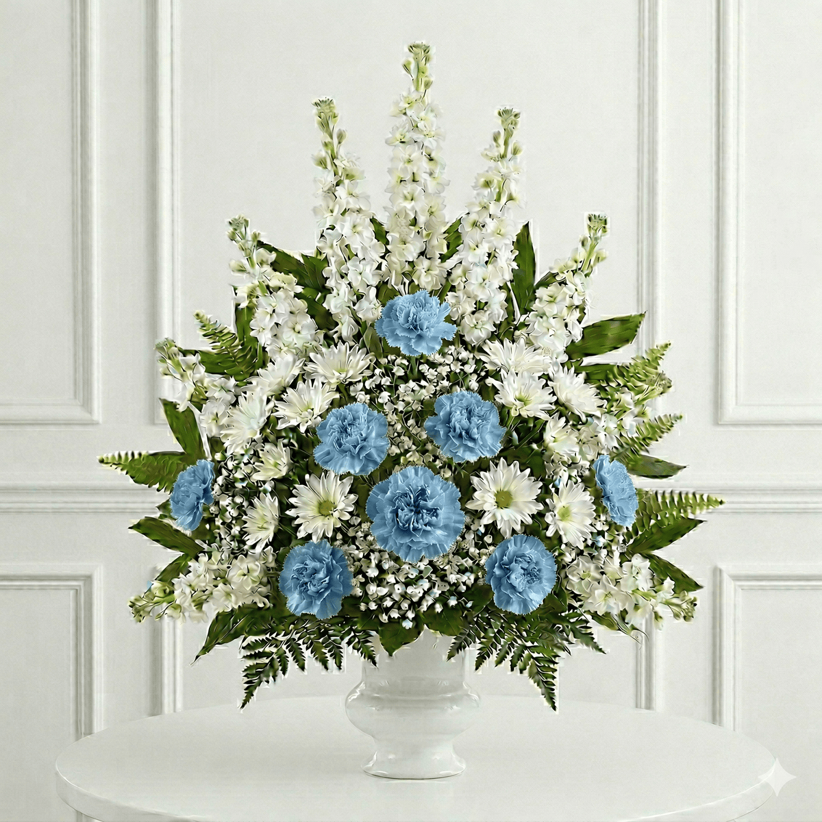 Urn Arrangement: Canations, Mums & Baby Breath (Blue & White)