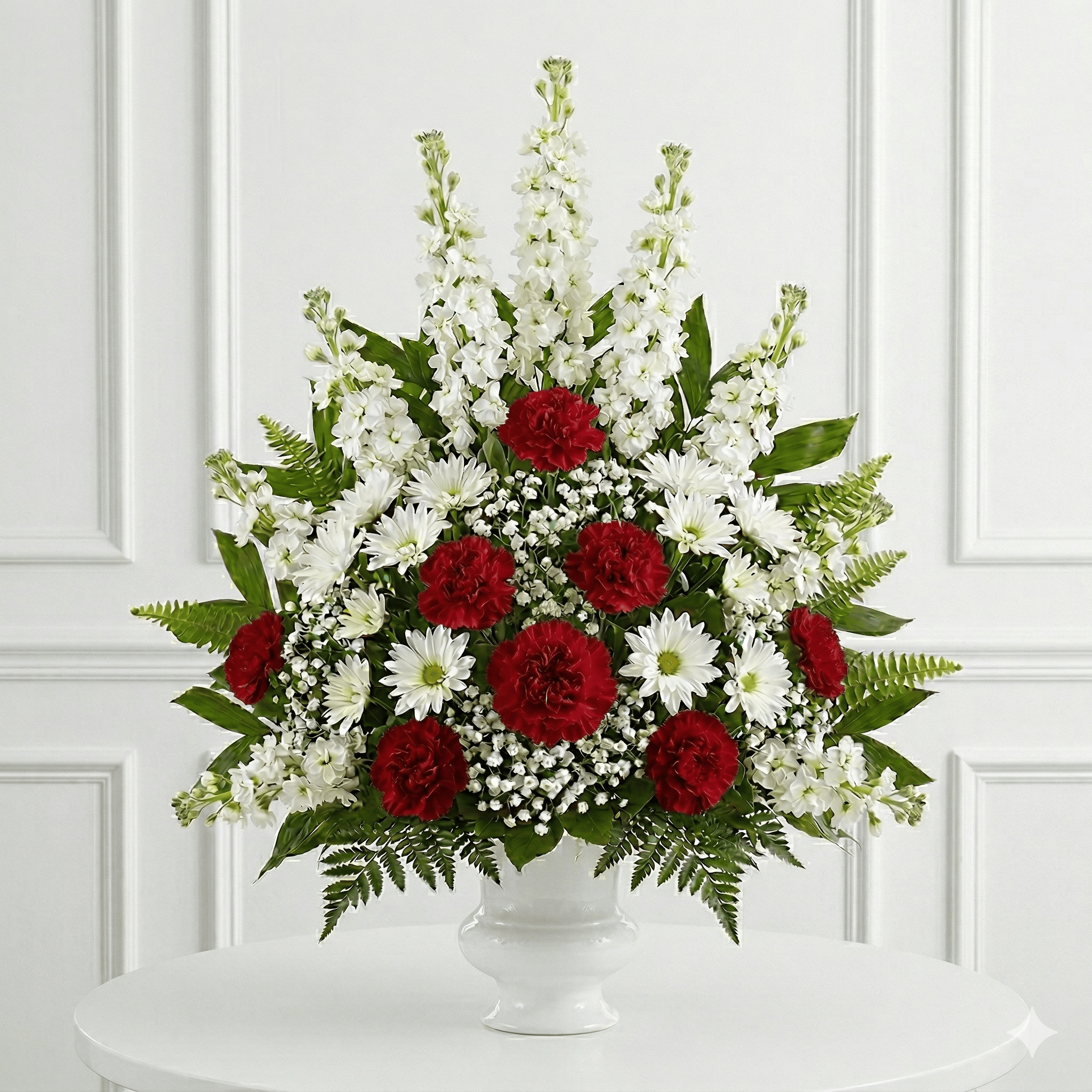 Arrangement (Red & White Canations, Mums & Baby Breath)