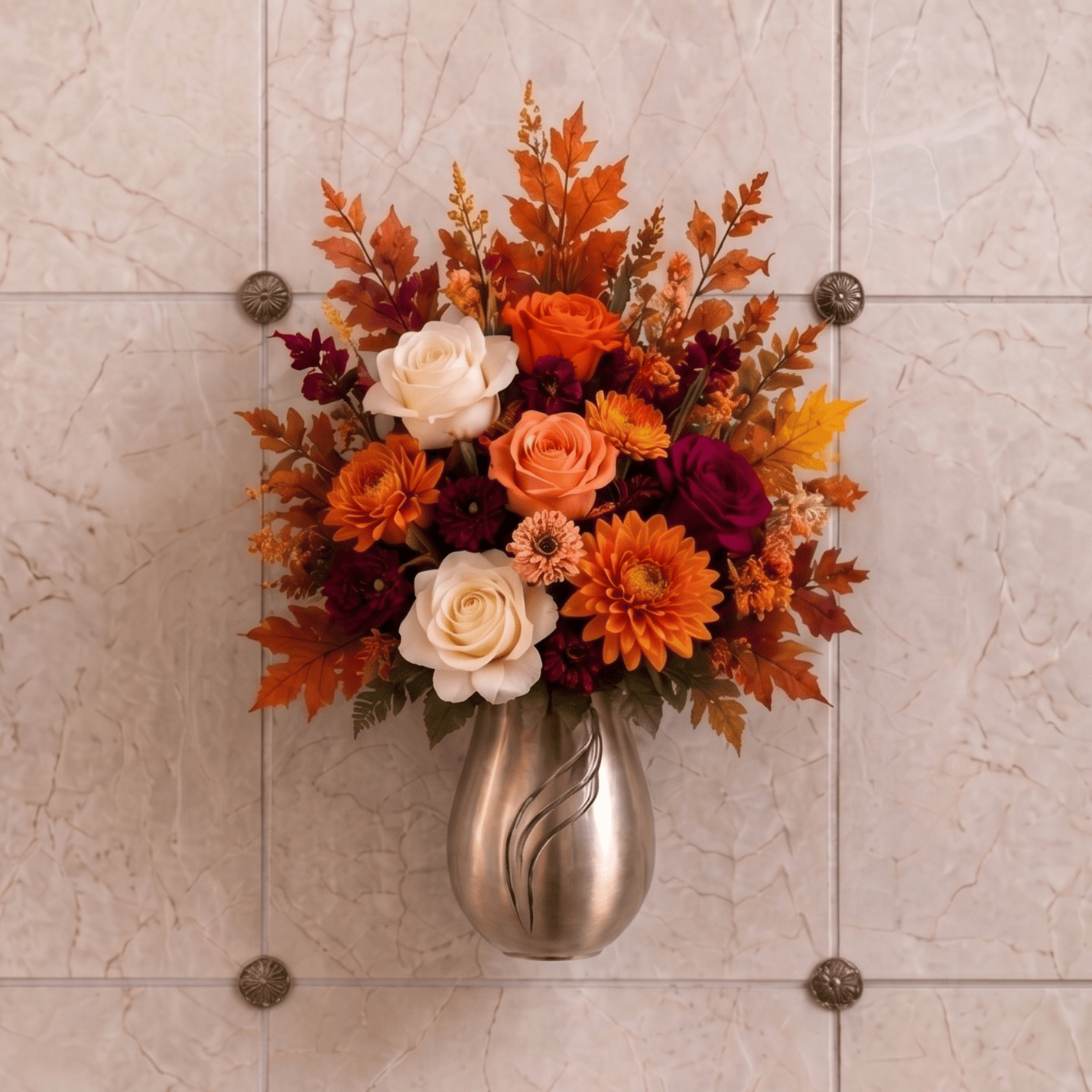 Artificial Mausoleum: Roses, Chrysanthemums & Gerberas (Orange, White & Burgundy)