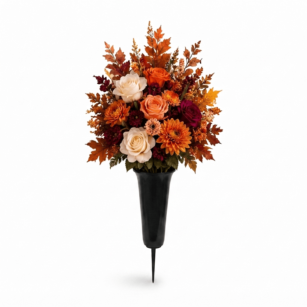 Artificial Cemetery Cone: Roses & Chrysanthemums (Orange, Cream & Burgundy) — Fall