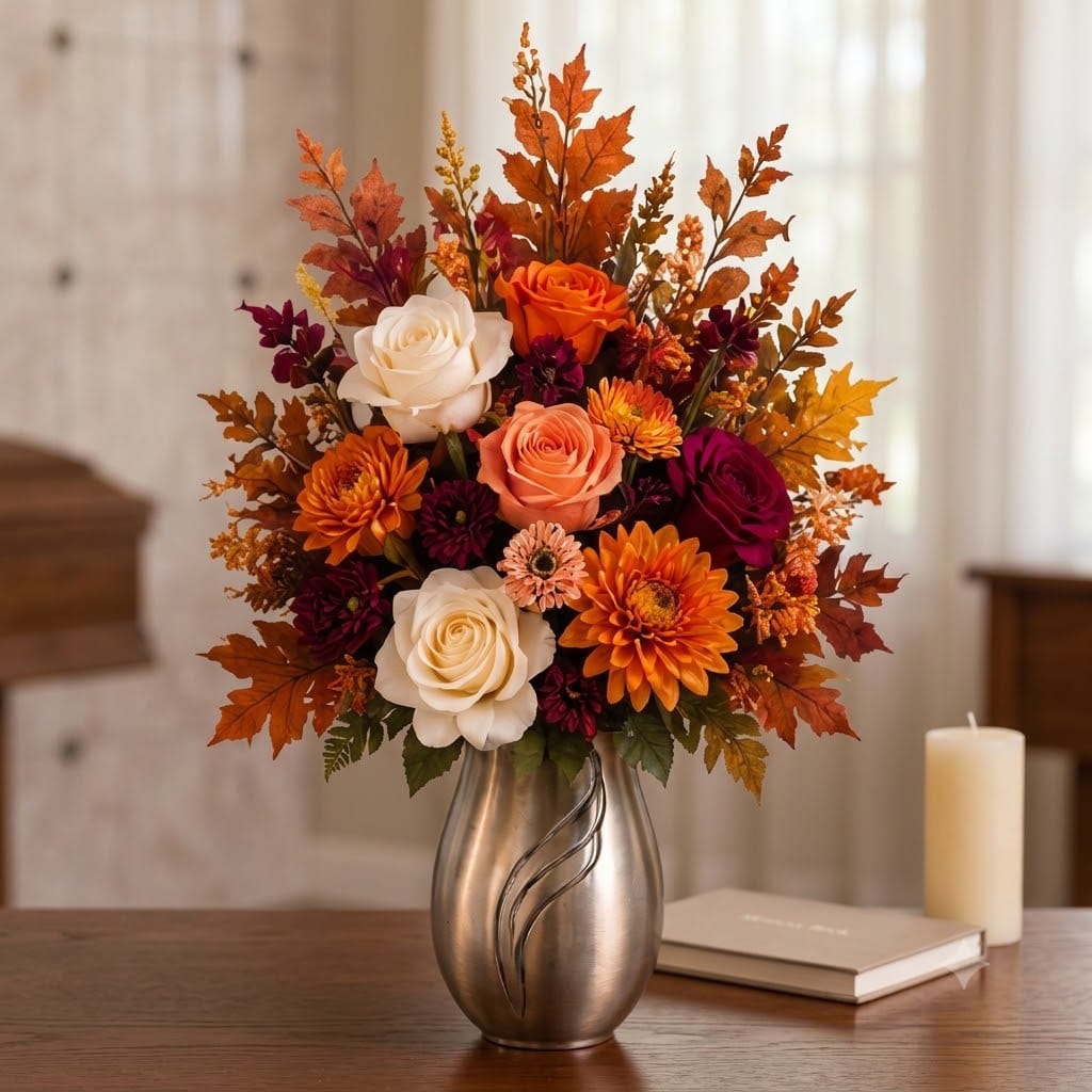 Artificial Mausoleum: Roses, Chrysanthemums & Gerberas (Orange, White & Burgundy)