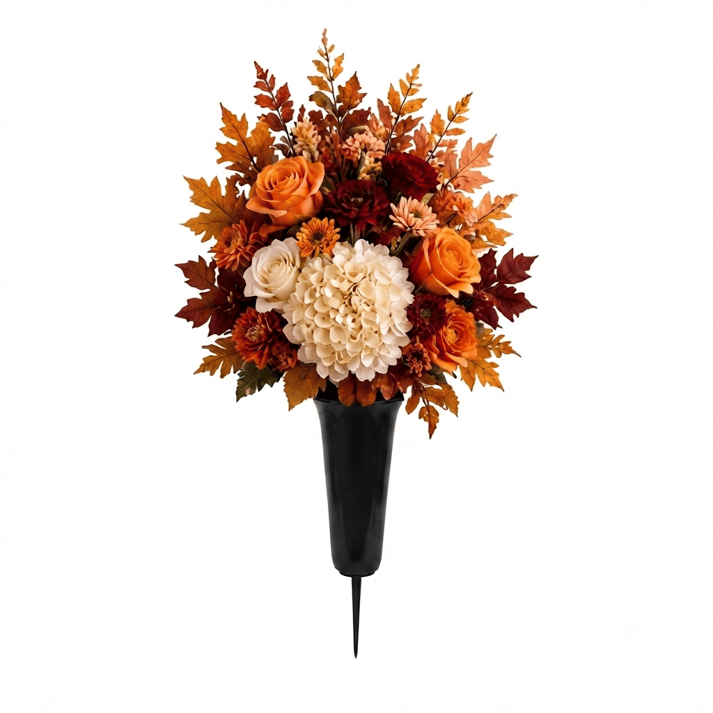Artificial Cemetery Cone: Roses, Hydrangea & Chrysanthemums (Orange, Cream & Rust) — Fall