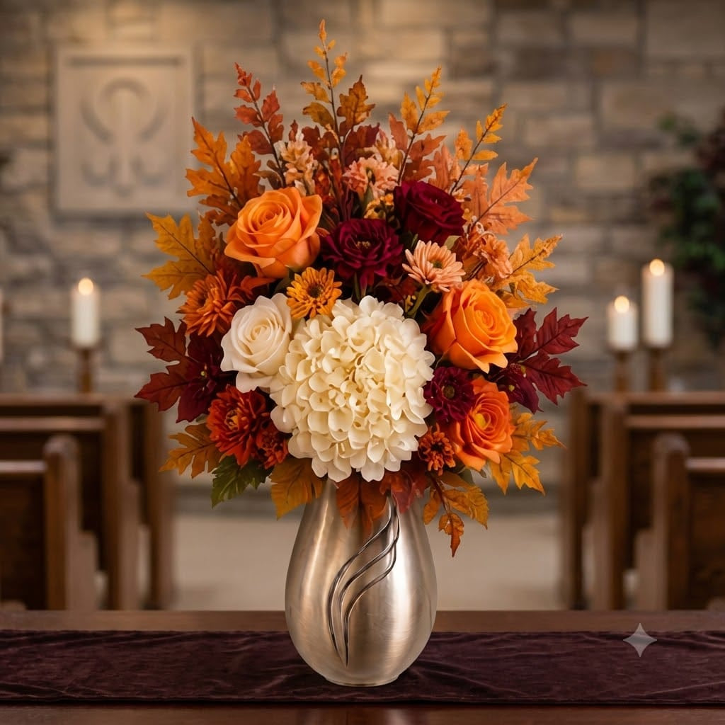 Artificial Mausoleum: Roses, Dahlias & Chrysanthemums (Orange, White & Burgundy)
