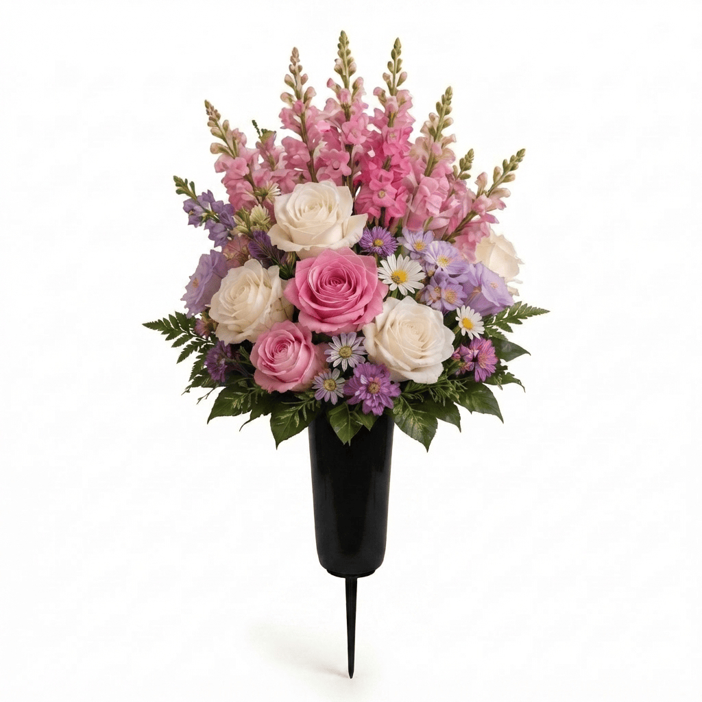 Artificial Cemetery Cone: Roses, Snapdragons & Asters (Pink, White & Lavender) — Spring
