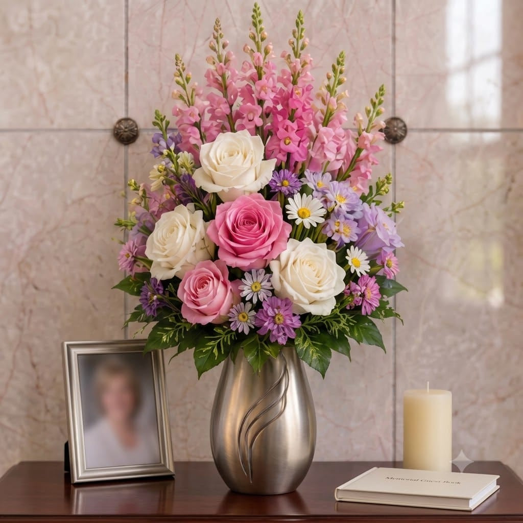 Artificial Mausoleum: Roses, Snapdragons & Asters (Pink, White & Lavender)