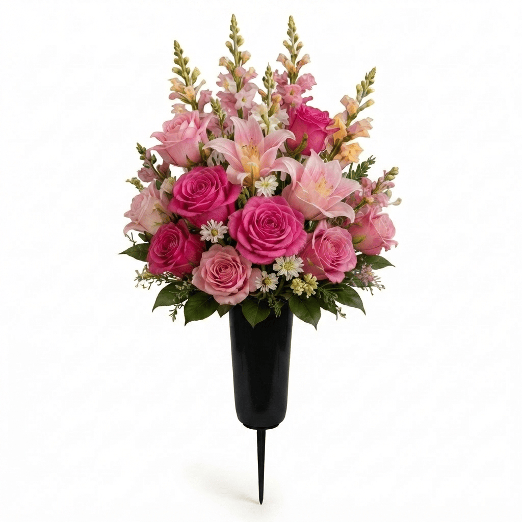 Artificial Cemetery Cone: Roses, Lilies & Snapdragons (Hot Pink & Peach) — Spring