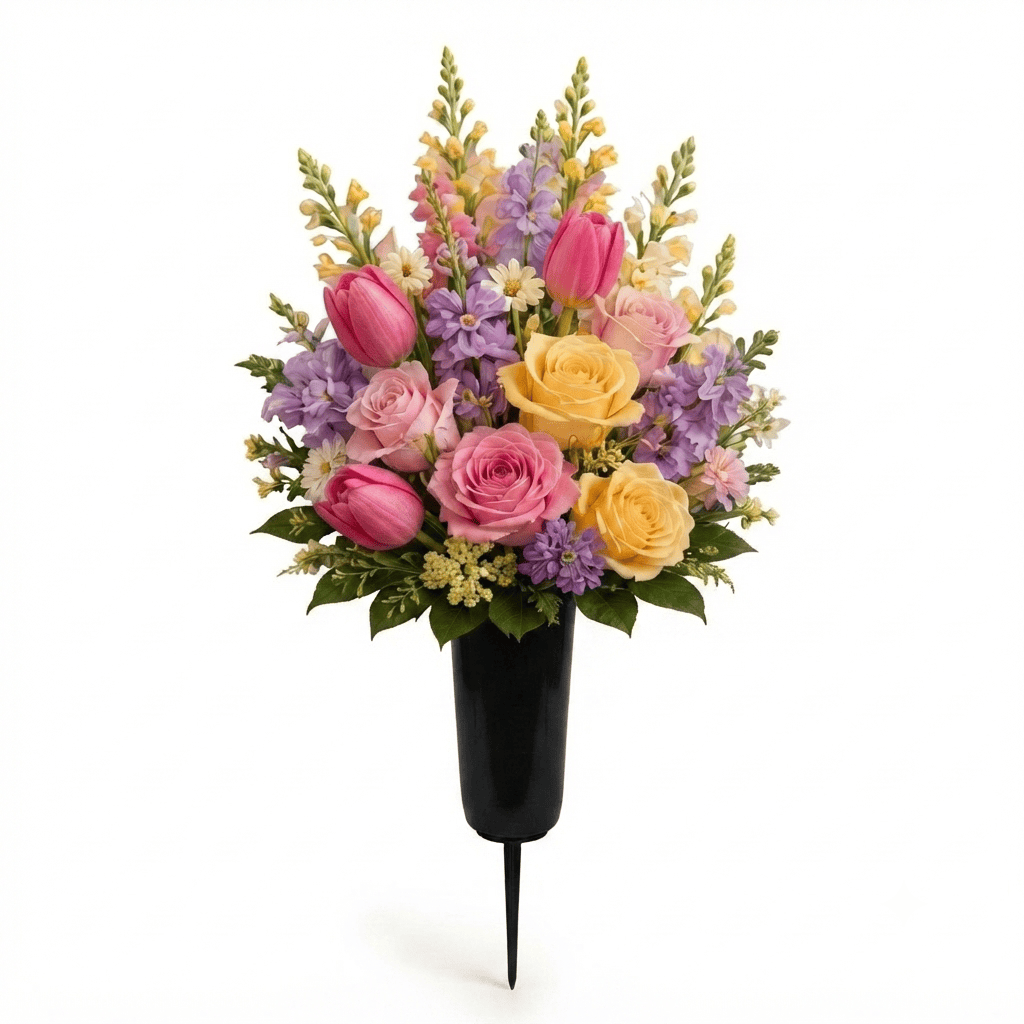 Artificial Cemetery Cone: Tulips, Roses & Snapdragons (Pink, Yellow & Lavender) — Spring