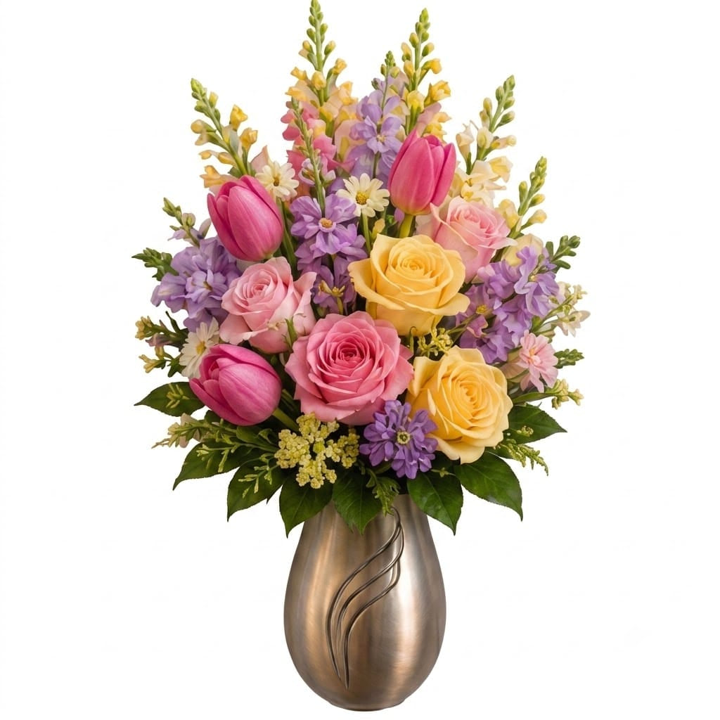 Artificial Mausoleum: Tulips, Roses & Snapdragons (Pink, Yellow & Lavender)