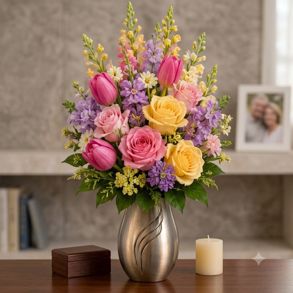 Artificial Mausoleum: Tulips, Roses & Snapdragons (Pink, Yellow & Lavender)