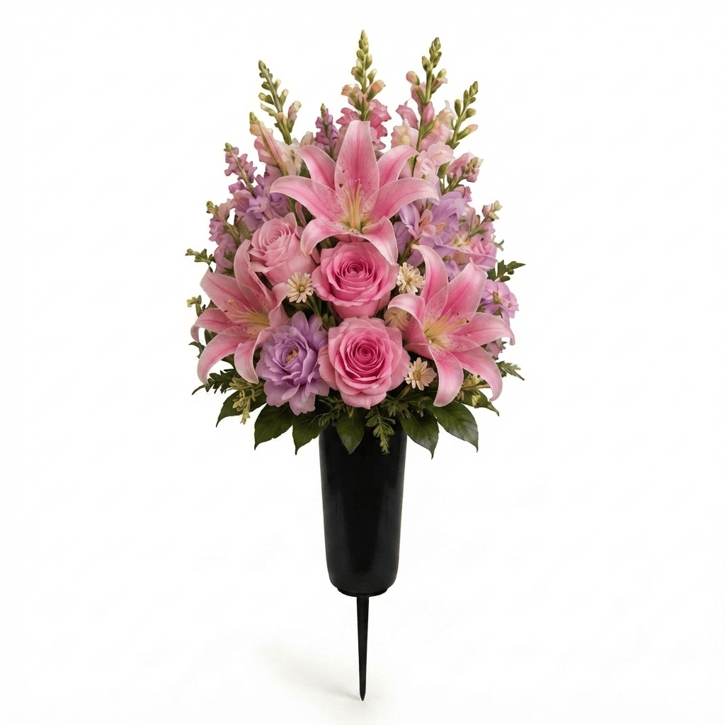 Artificial Cemetery Cone: Roses, Lilies & Snapdragons (Pink & Lavender) — Spring