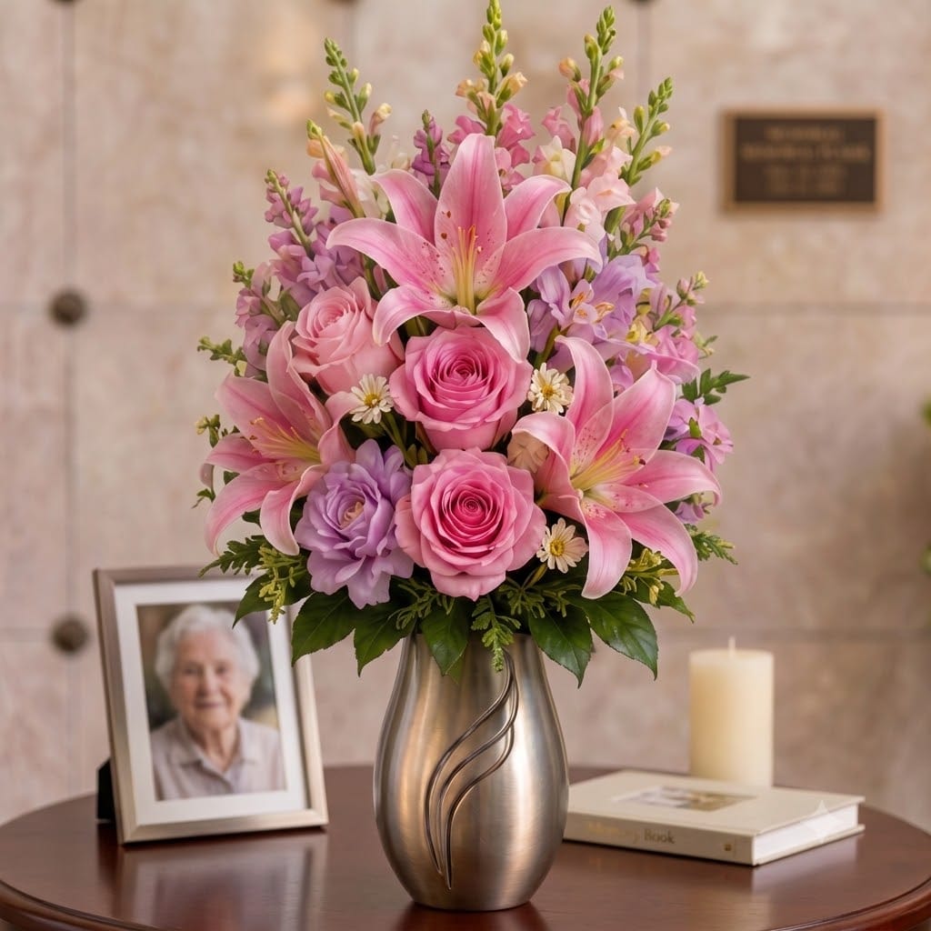 Artificial Mausoleum: Roses, Lilies & Snapdragons (Pink & Lavender)
