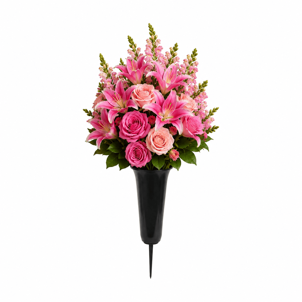 Artificial Cemetery Cone: Roses, Lilies & Snapdragons (Hot Pink) — Summer, black cone vase display